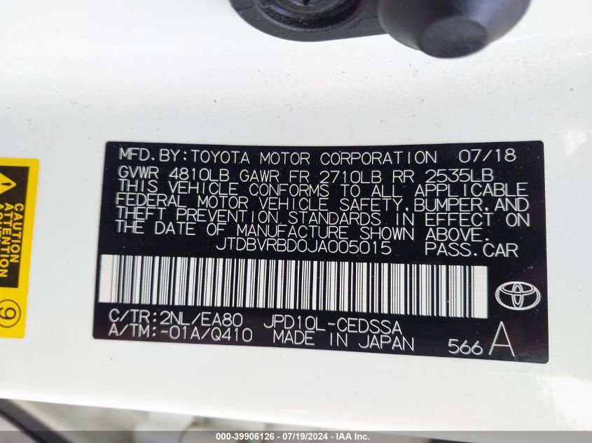 2018 Toyota Mirai VIN: JTDBVRBD0JA005015 Lot: 39906126