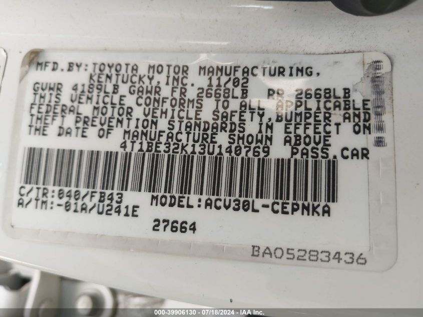 2003 Toyota Camry Le VIN: 4T1BE32K13U140769 Lot: 39906130