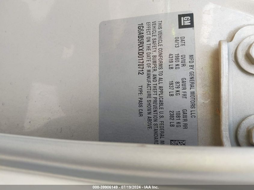 2013 Cadillac Ats Luxury VIN: 1G6AB5RXXD0170712 Lot: 39906149