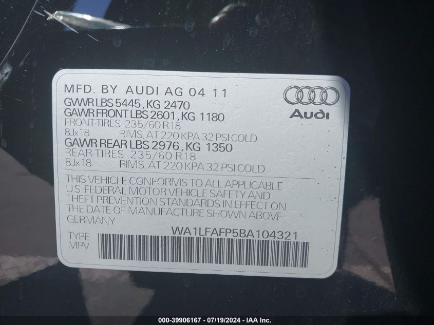 2011 Audi Q5 2.0T Premium VIN: WA1LFAFP5BA104321 Lot: 39906167