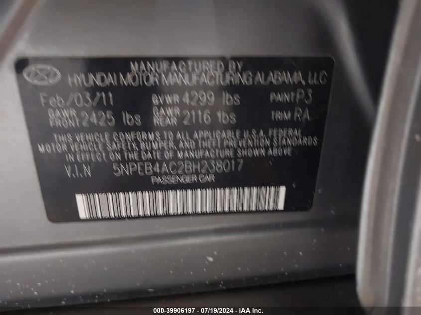 2011 Hyundai Sonata Gls VIN: 5NPEB4AC2BH238017 Lot: 39906197