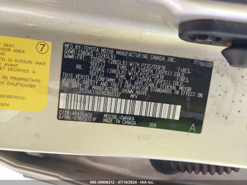 2004 Lexus Rx 330 VIN: 2T2HA31U74C002337 Lot: 39906212