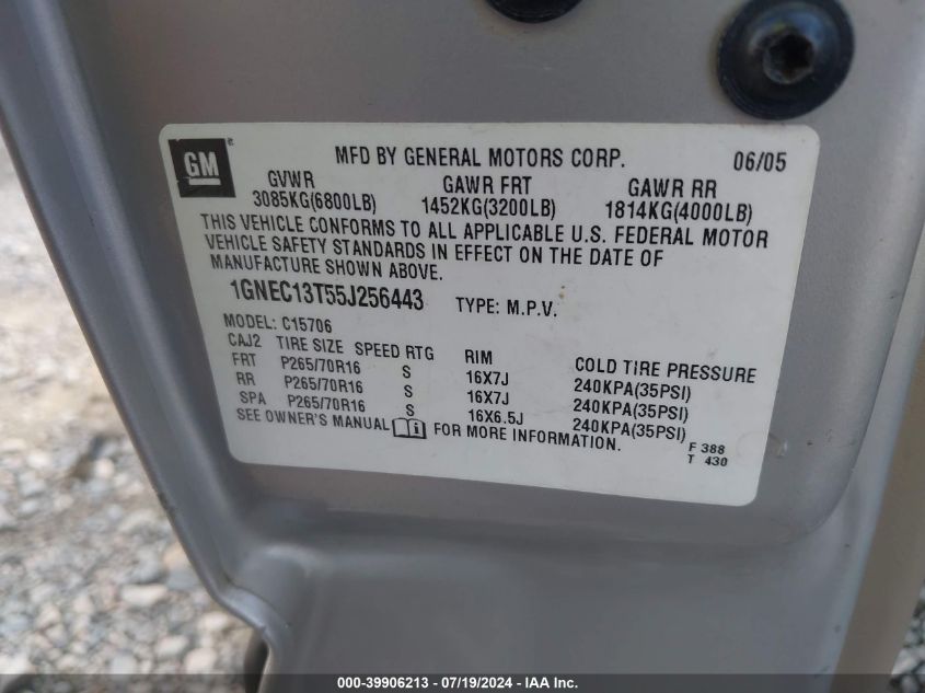 2005 Chevrolet Tahoe Ls VIN: 1GNEC13T55J256443 Lot: 39906213