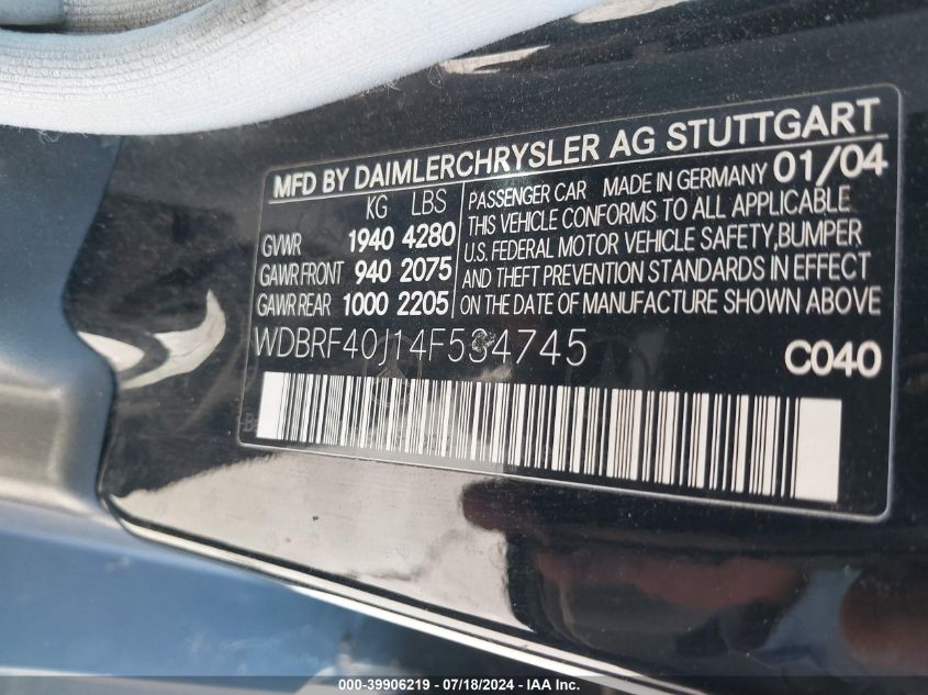 2004 Mercedes-Benz C 230 Kompressor Sport/Sport VIN: WDBRF40J14F534745 Lot: 39906219