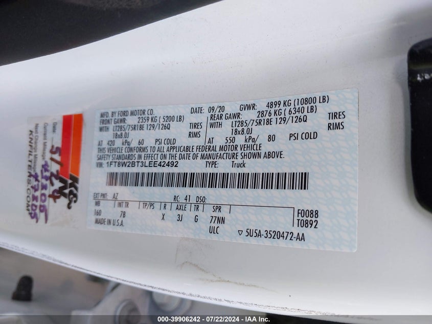 2020 Ford F-250 Platinum VIN: 1FT8W2BT3LEE42492 Lot: 39906242