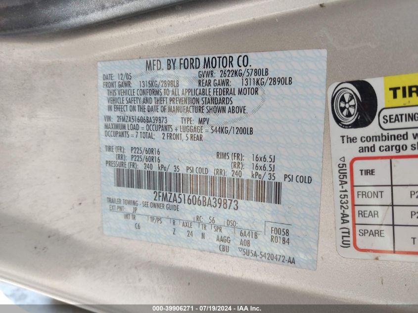 2006 Ford Freestar Se VIN: 2FMZA51606BA39873 Lot: 39906271