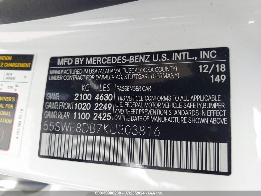 VIN 55SWF8DB7KU303816 2019 MERCEDES-BENZ C 300