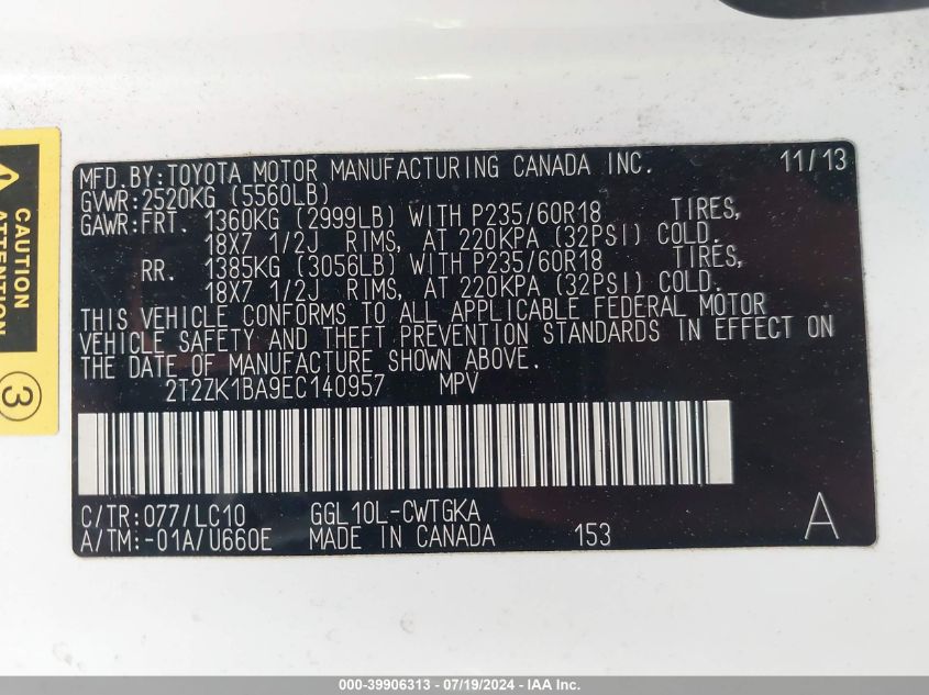 2014 Lexus Rx 350 350 VIN: 2T2ZK1BA9EC140957 Lot: 39906313