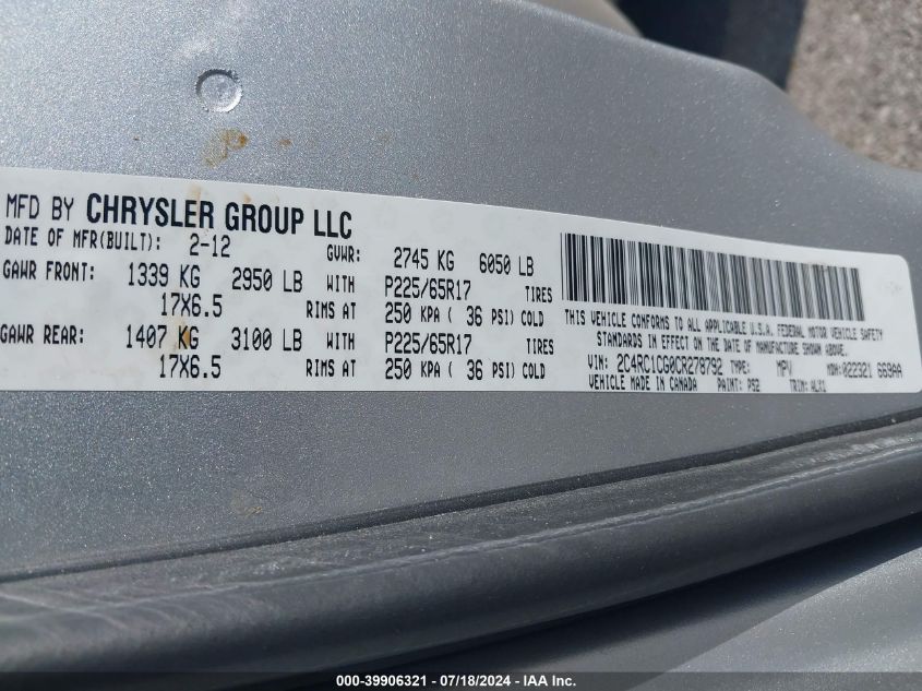 2012 Chrysler Town & Country Touring-L VIN: 2C4RC1CG0CR278792 Lot: 39906321