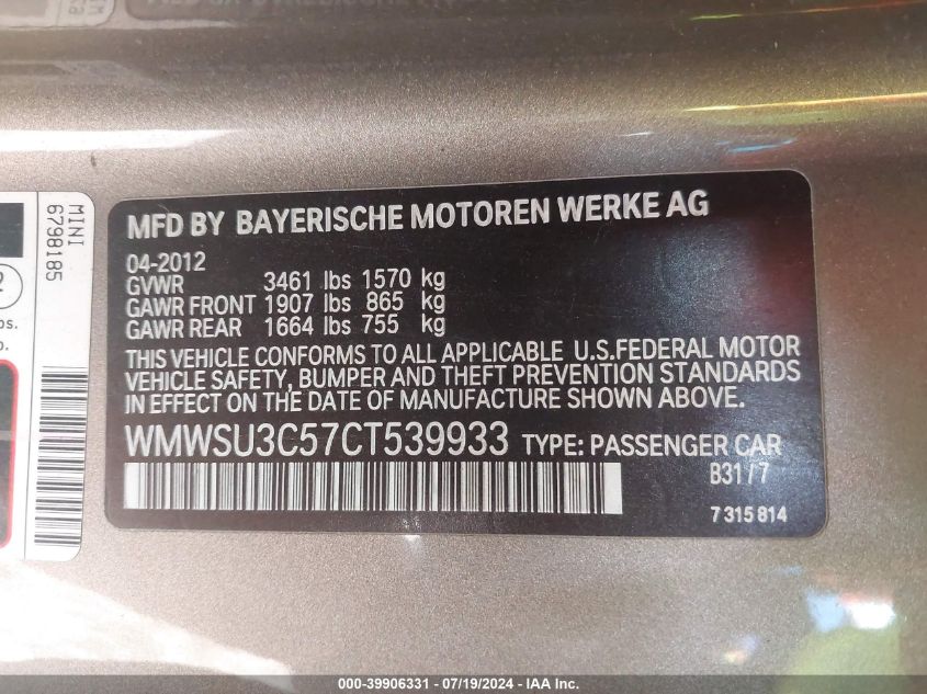 2012 Mini Cooper VIN: WMWSU3C57CT539933 Lot: 39906331