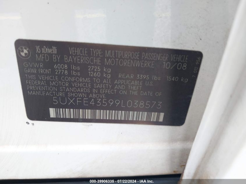 2009 BMW X5 xDrive30I VIN: 5UXFE43599L038573 Lot: 39906335