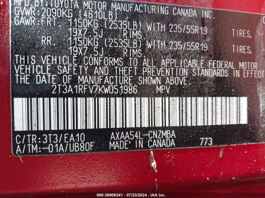 VIN 2T3A1RFV7KW051986 2019 TOYOTA RAV4 XLE PREMIUM