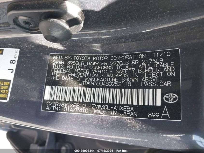 2011 Toyota Prius Three VIN: JTDKN3DU4B0252118 Lot: 39906344