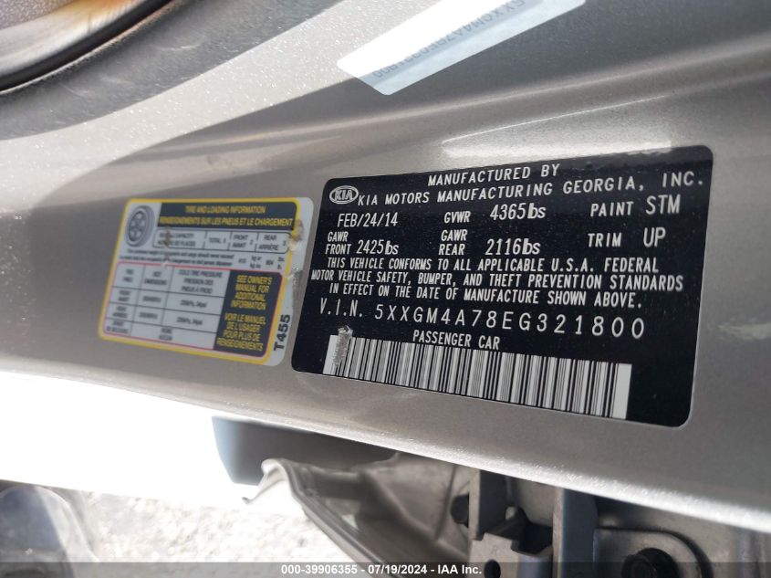 2014 Kia Optima Lx VIN: 5XXGM4A78EG321800 Lot: 39906355