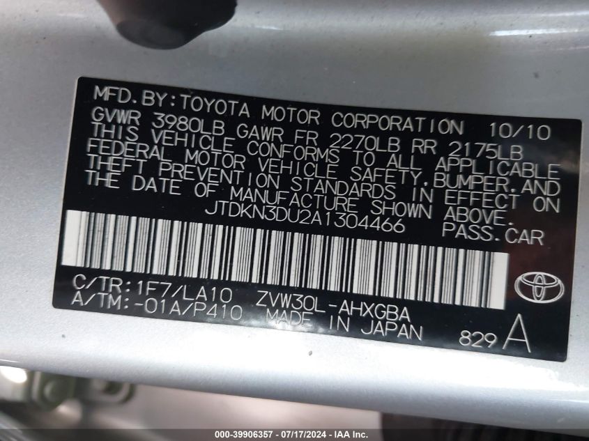 2010 Toyota Prius Iv VIN: JTDKN3DU2A1304466 Lot: 39906357