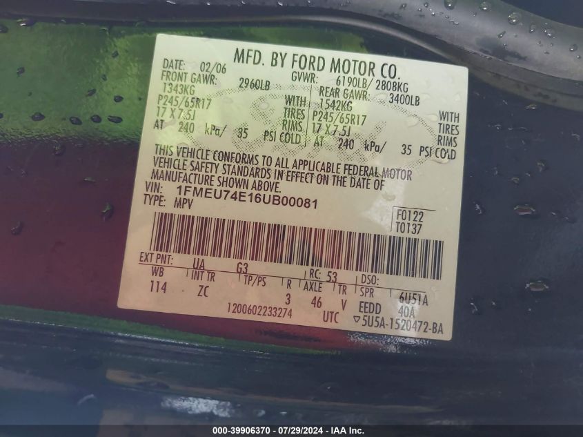 2006 Ford Explorer Eddie Bauer VIN: 1FMEU74E16UB00081 Lot: 39906370