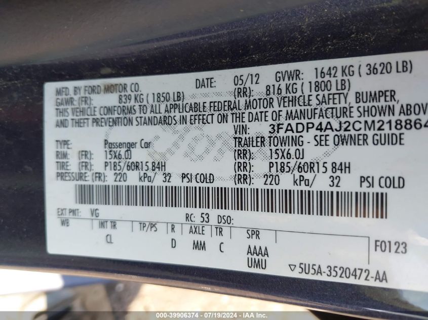 2012 Ford Fiesta S VIN: 3FADP4AJ2CM218864 Lot: 39906374