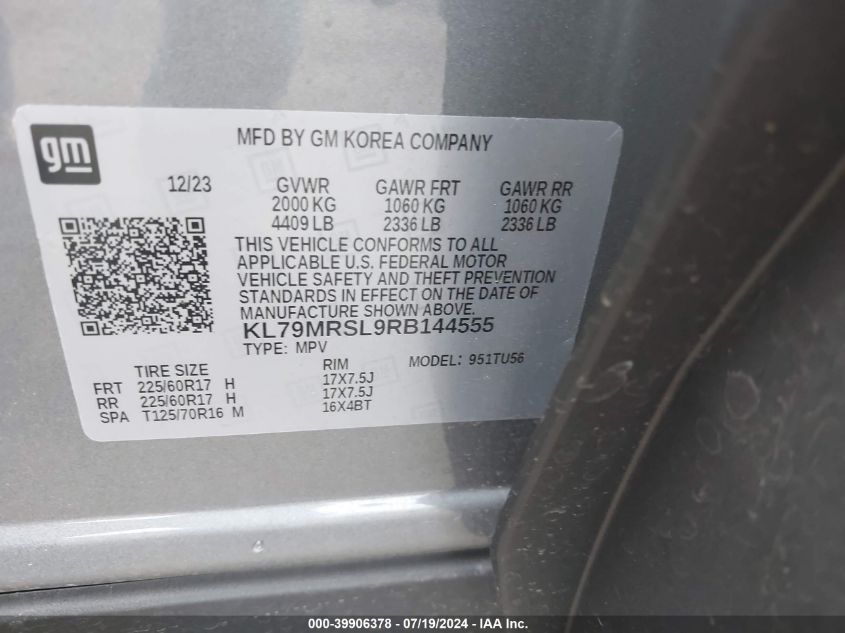 2024 Chevrolet Trailblazer Lt VIN: KL79MRSL9RB144555 Lot: 39906378