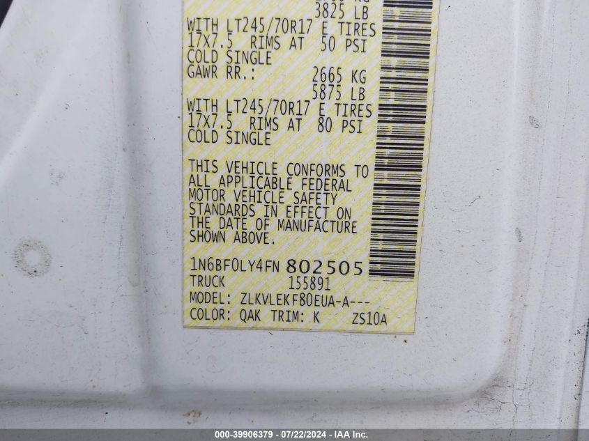 2015 Nissan Nv Cargo Nv2500 Hd Sv V6 VIN: 1N6BF0LY4FN802505 Lot: 39906379