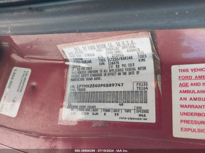 1993 Ford F250 VIN: 1FTHX25G0PKB89747 Lot: 39906399