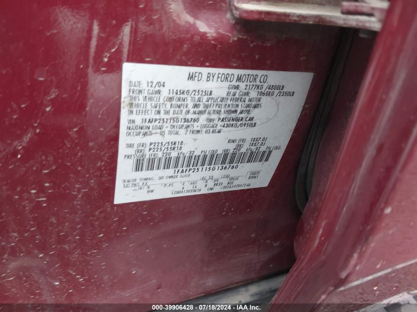 2005 Ford Five Hundred Limited VIN: 1FAFP25115G136760 Lot: 39906428