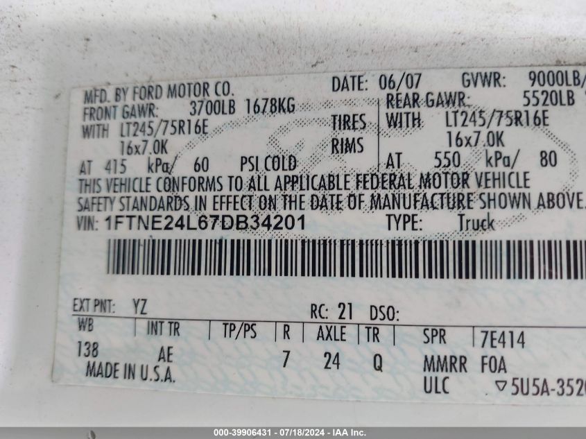 2007 Ford E-250 Commercial/Recreational VIN: 1FTNE24L67DB34201 Lot: 39906431