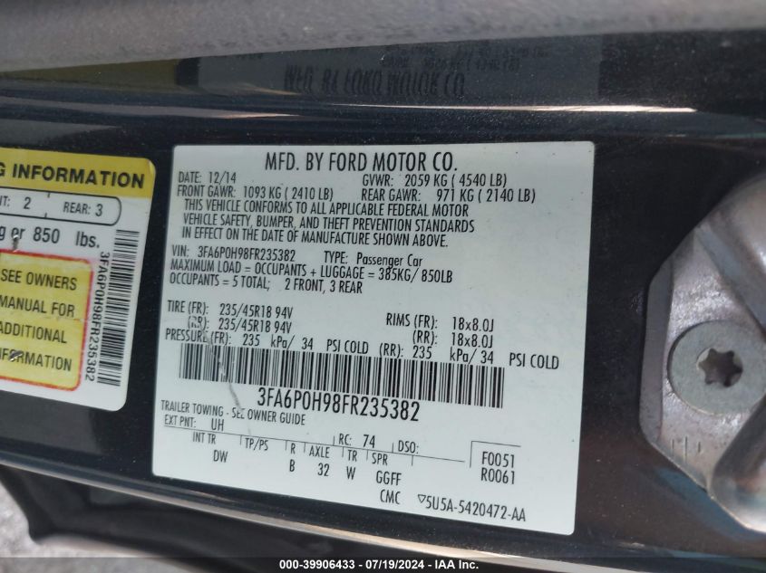 2015 Ford Fusion Se VIN: 3FA6P0H98FR235382 Lot: 39906433