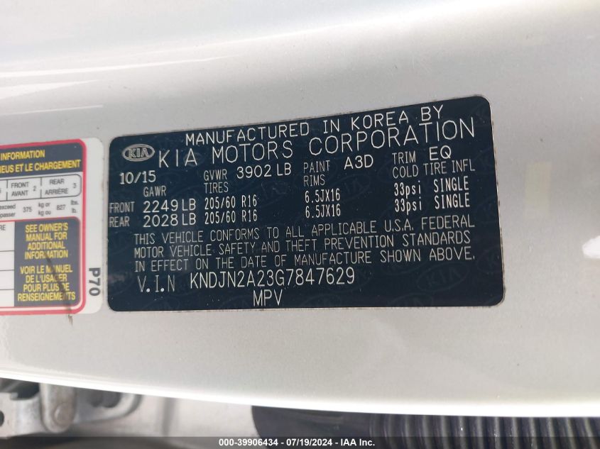 2016 Kia Soul VIN: KNDJN2A23G7847629 Lot: 39906434