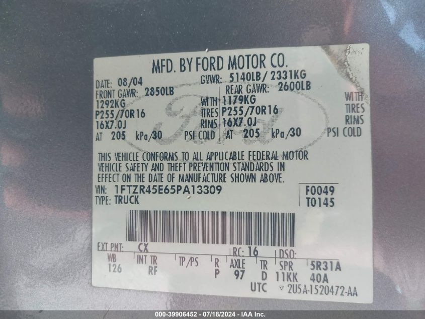 2005 Ford Ranger Edge/Fx4 Level Ii/Fx4 Off-Road/Xlt VIN: 1FTZR45E65PA13309 Lot: 39906452