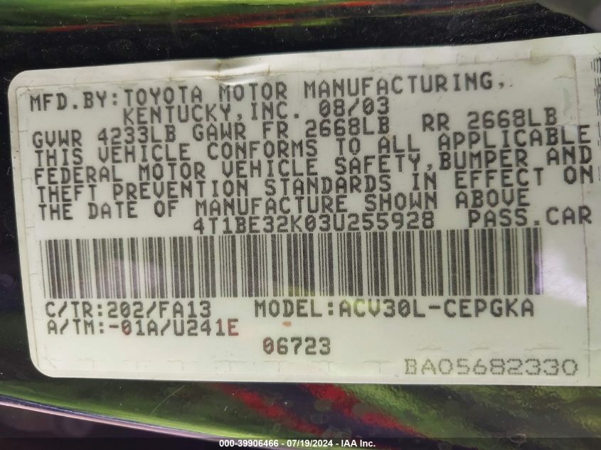 2003 Toyota Camry Xle VIN: 4T1BE32K03U255928 Lot: 39906466