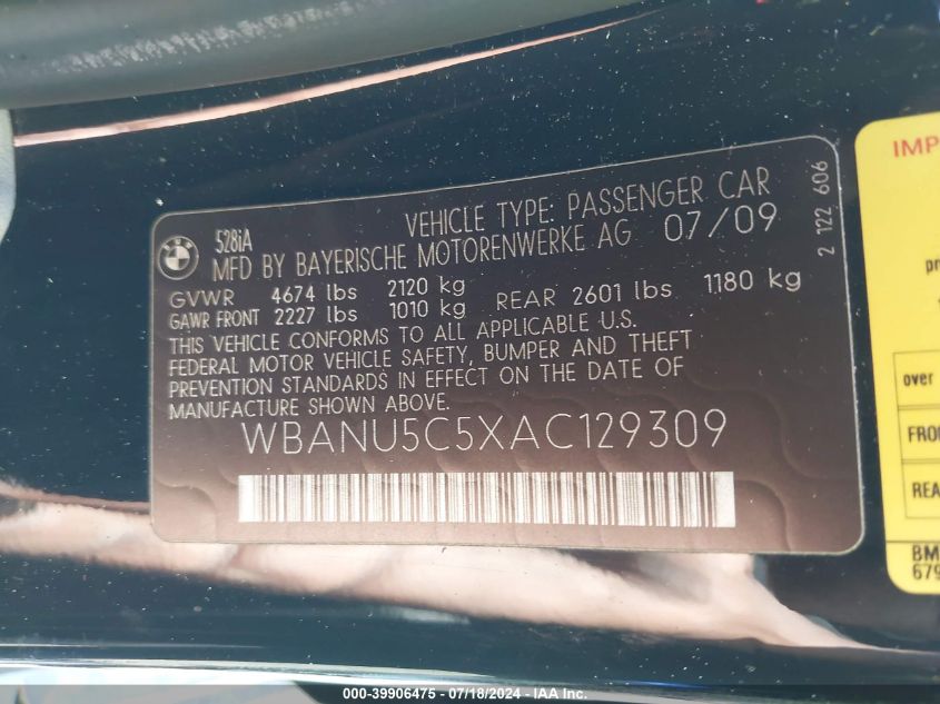 2010 BMW 528I VIN: WBANU5C5XAC129309 Lot: 39906475