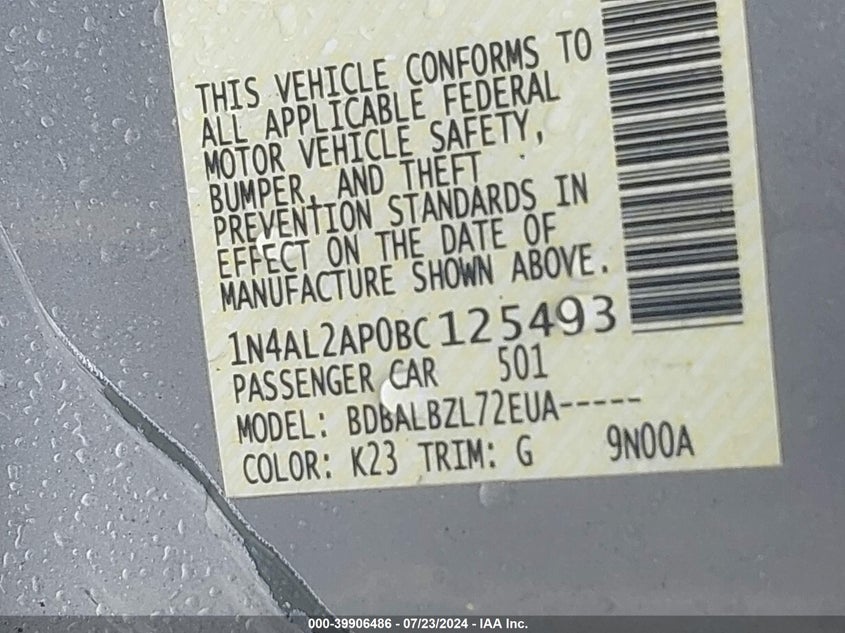 2011 Nissan Altima 2.5 S VIN: 1N4AL2AP0BC125493 Lot: 39906486