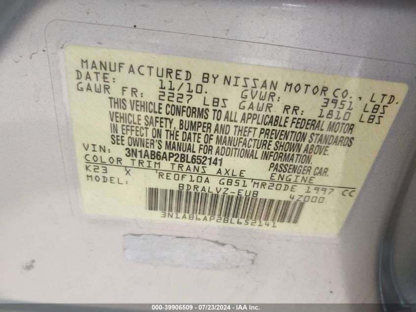 2011 Nissan Sentra 2.0/2.0S/Sr/2.0Sl VIN: 3N1AB6AP2BL652141 Lot: 39906509