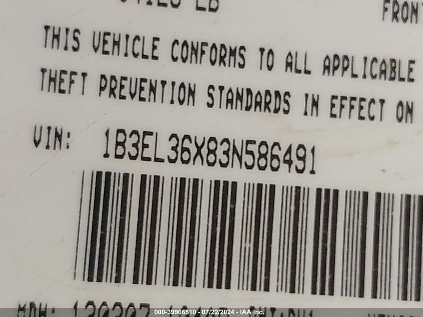 2003 Dodge Stratus Se VIN: 1B3EL36X83N586491 Lot: 39906510