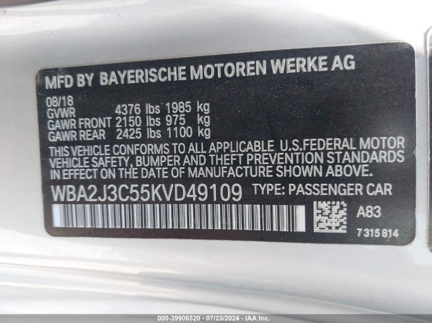 WBA2J3C55KVD49109 2019 BMW 230I xDrive