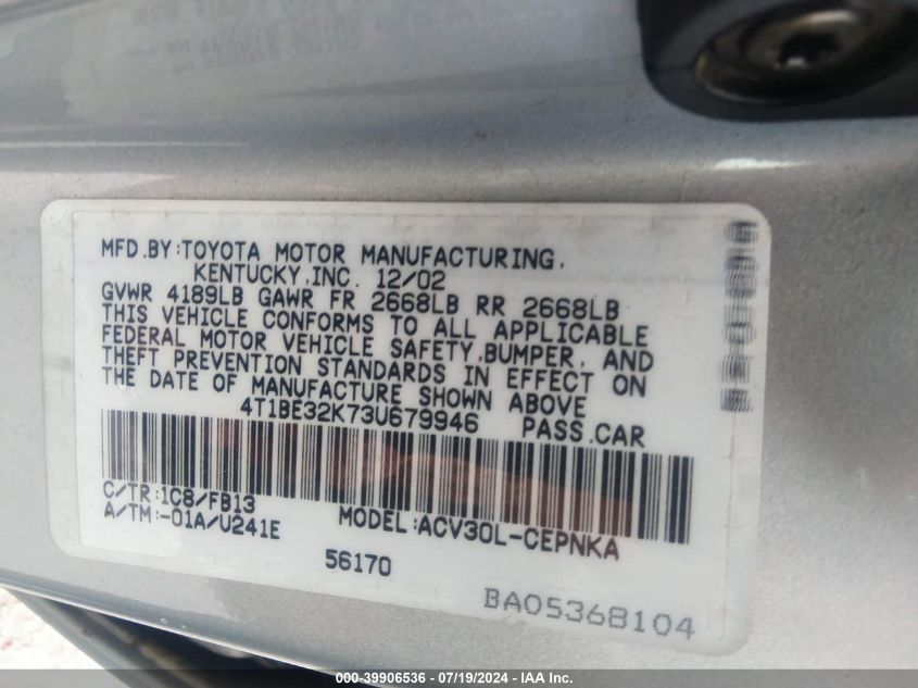 2003 Toyota Camry Le VIN: 4T1BE32K73U679946 Lot: 39906536