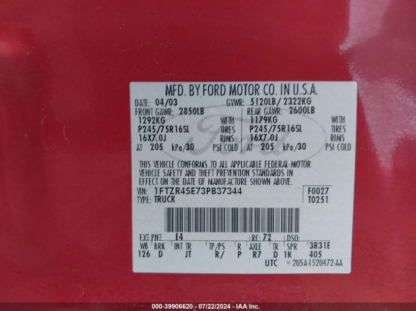 2003 Ford Ranger Edge/Xlt VIN: 1FTZR45E73PB37344 Lot: 39906620