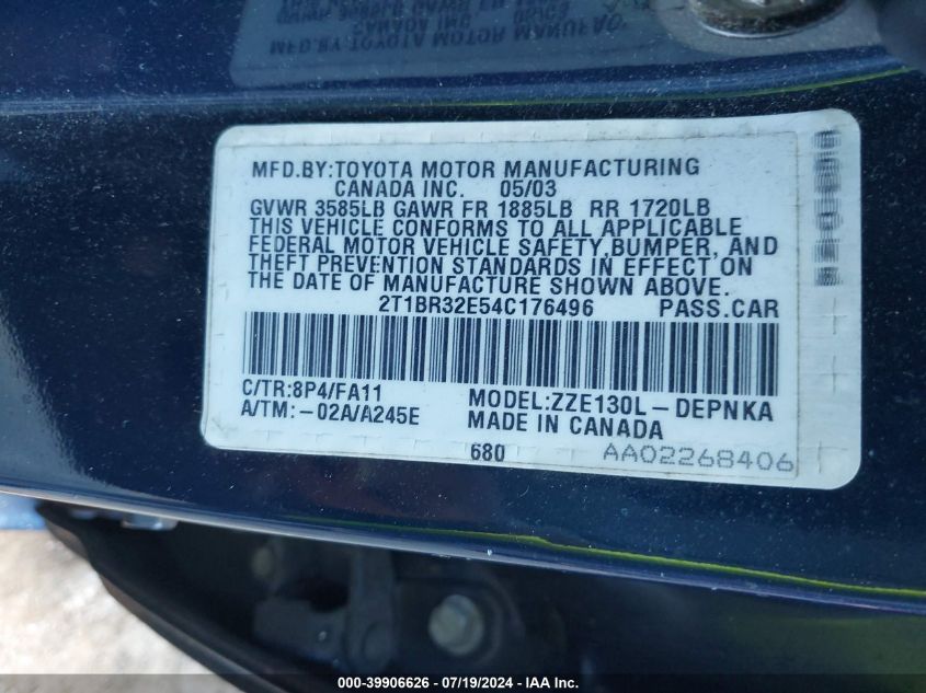 2004 Toyota Corolla Le VIN: 2T1BR32E54C176496 Lot: 39906626