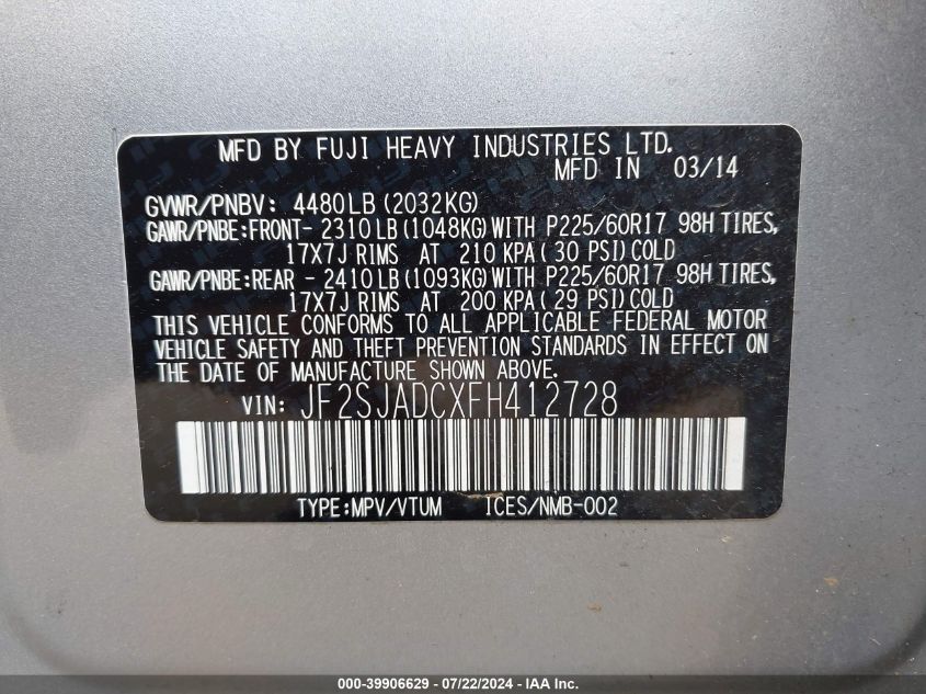2015 Subaru Forester 2.5I Premium VIN: JF2SJADCXFH412728 Lot: 39906629