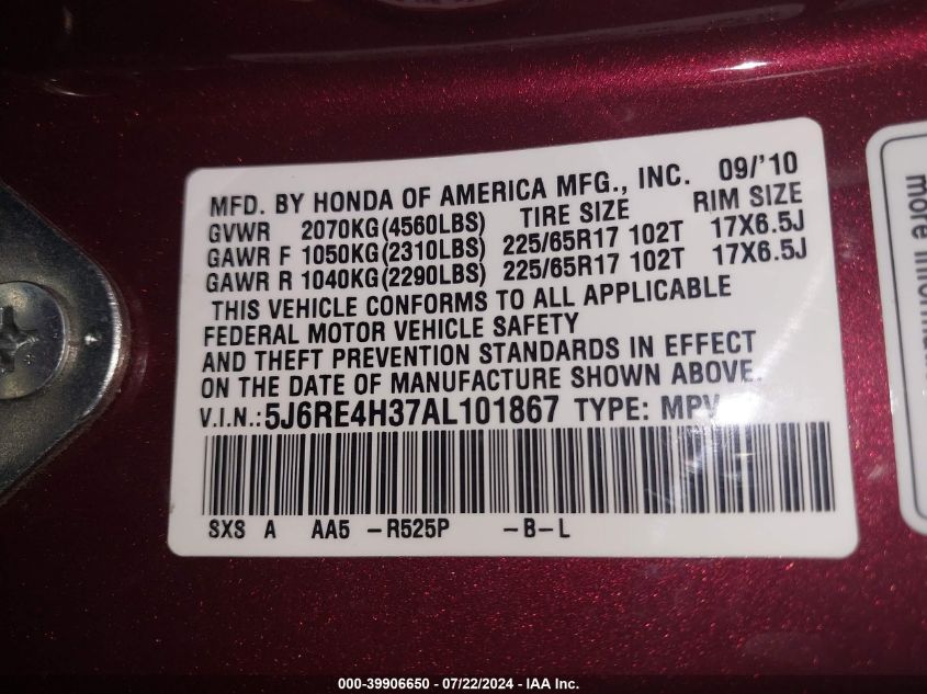 2010 Honda Cr-V Lx VIN: 5J6RE4H37AL101867 Lot: 39906650