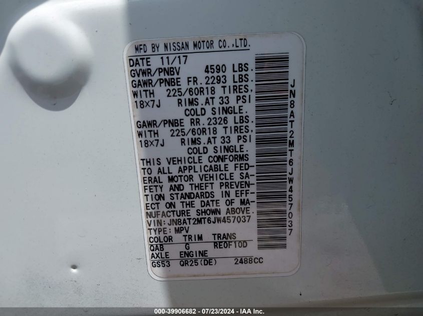 2018 Nissan Rogue Sl VIN: JN8AT2MT6JW457037 Lot: 39906682