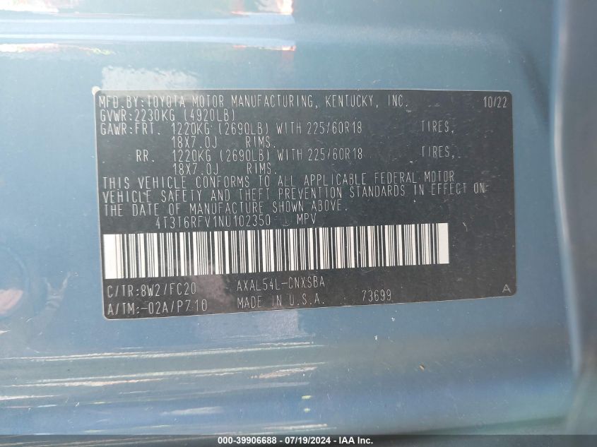 2022 Toyota Rav4 Hybrid Se VIN: 4T3T6RFV1NU102350 Lot: 39906688