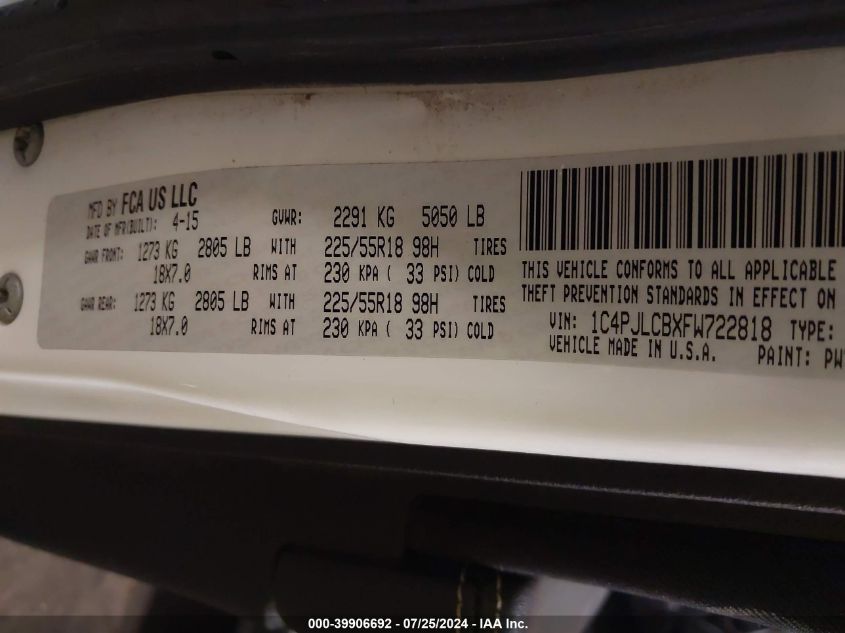 2015 Jeep Cherokee Latitude Altitude VIN: 1C4PJLCBXFW722818 Lot: 39906692