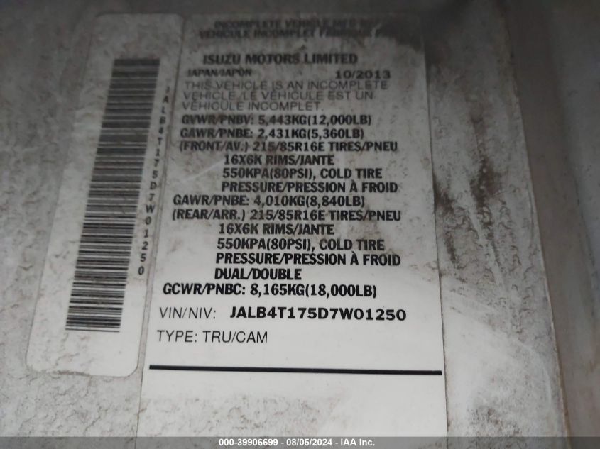 2013 Isuzu Commercial Van VIN: JALB4T175D7W01250 Lot: 39906699