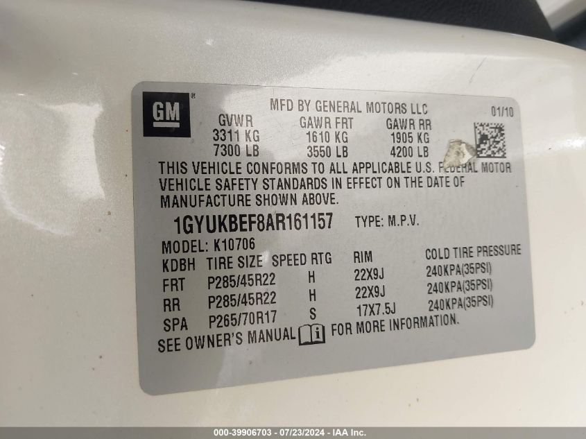 2010 Cadillac Escalade Luxury VIN: 1GYUKBEF8AR161157 Lot: 39906703