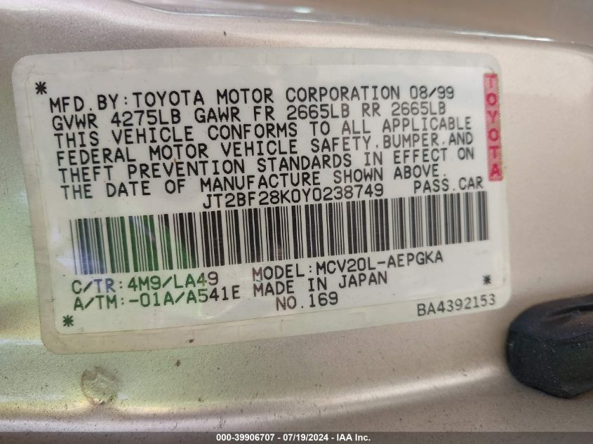 2000 Toyota Camry Xle V6 VIN: JT2BF28K0Y0238749 Lot: 39906707