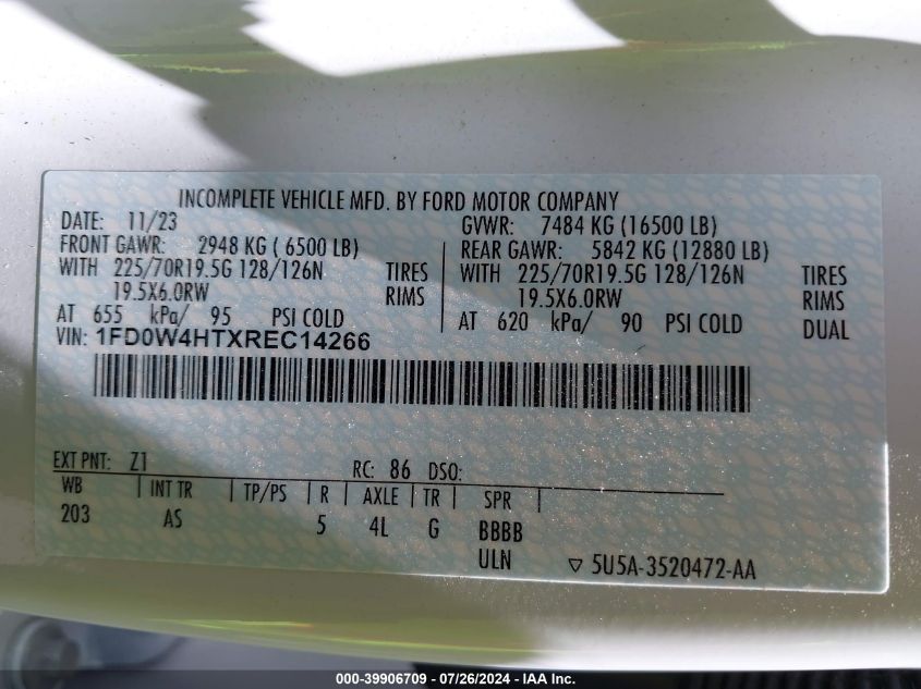 2024 Ford F450 Super Duty VIN: 1FD0W4HTXREC14266 Lot: 39906709