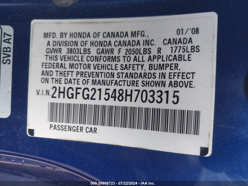 2008 Honda Civic Si VIN: 2HGFG21548H703315 Lot: 39906723
