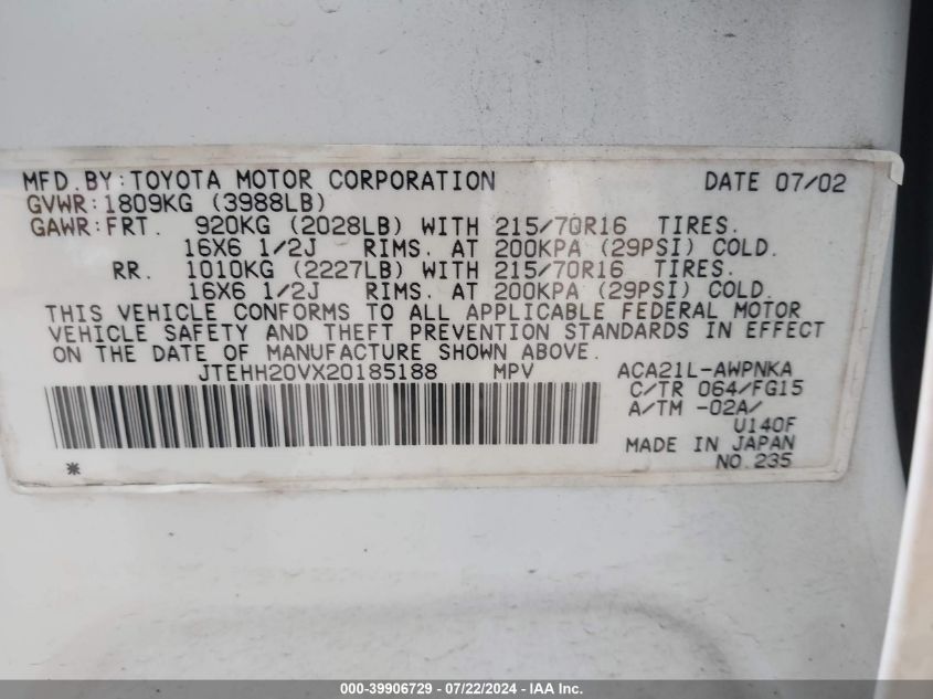 2002 Toyota Rav4 VIN: JTEHH20VX20185188 Lot: 39906729