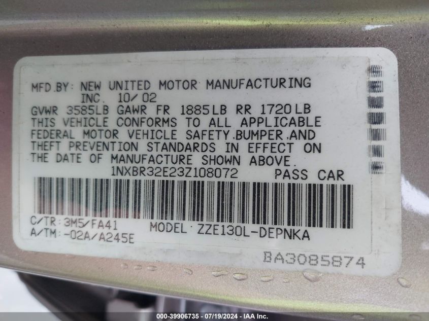 2003 Toyota Corolla Le VIN: 1NXBR32E23Z108072 Lot: 39906735